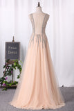 2024 Prom Dresses Scoop Open Back A Line Tulle With Beads And Slit