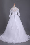 2024 3/4 Length Sleeve Bateau Wedding Dresses Tulle With Applique Court Train