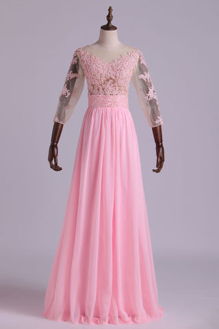 2024 Mid-Length Sleeve A-Line Scoop Chiffon Prom Dresses Floor-Length With Applique & Bow-Knot