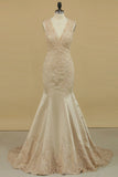 2024 V Neck Mermaid Open Back Wedding Dresses Satin With Applique Court Train