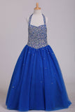 2024 Flower Girl Dresses Halter Beaded Bodice A Line Tulle Royal Blue