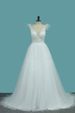 2024 A Line Spaghetti Straps Wedding Dresses Tulle & Lace With Applique Court Train