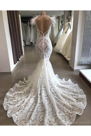 Luxury Lace Mermaid Wedding Dress With Train Sexy Open Back Pearls Wedding Gowns