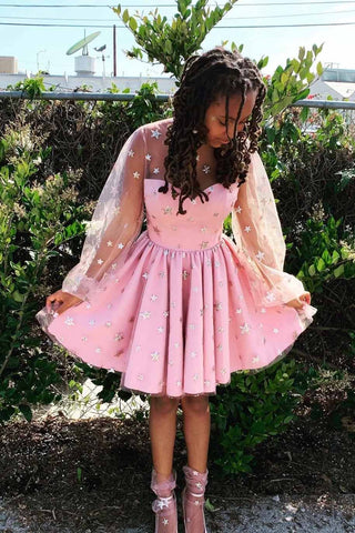 Glitter Star Long Sleeves Homecoming Dresses Starry Night Pink Sweet 15 Dresses