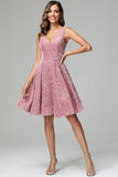 Pink A Line V-neck Short Sequins Homecoming Dress