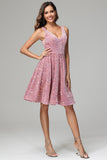 Pink A Line V-neck Short Sequins Homecoming Dress