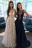 A Line V Neck Appliques Long Prom Dress V-neck Sexy Evening Party Dresses