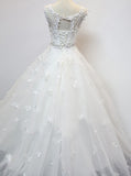 Organza Scoop Cap Sleeves Floor-Length Wedding Dresses with Beading Appliques