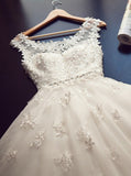 Organza Scoop Cap Sleeves Floor-Length Wedding Dresses with Beading Appliques